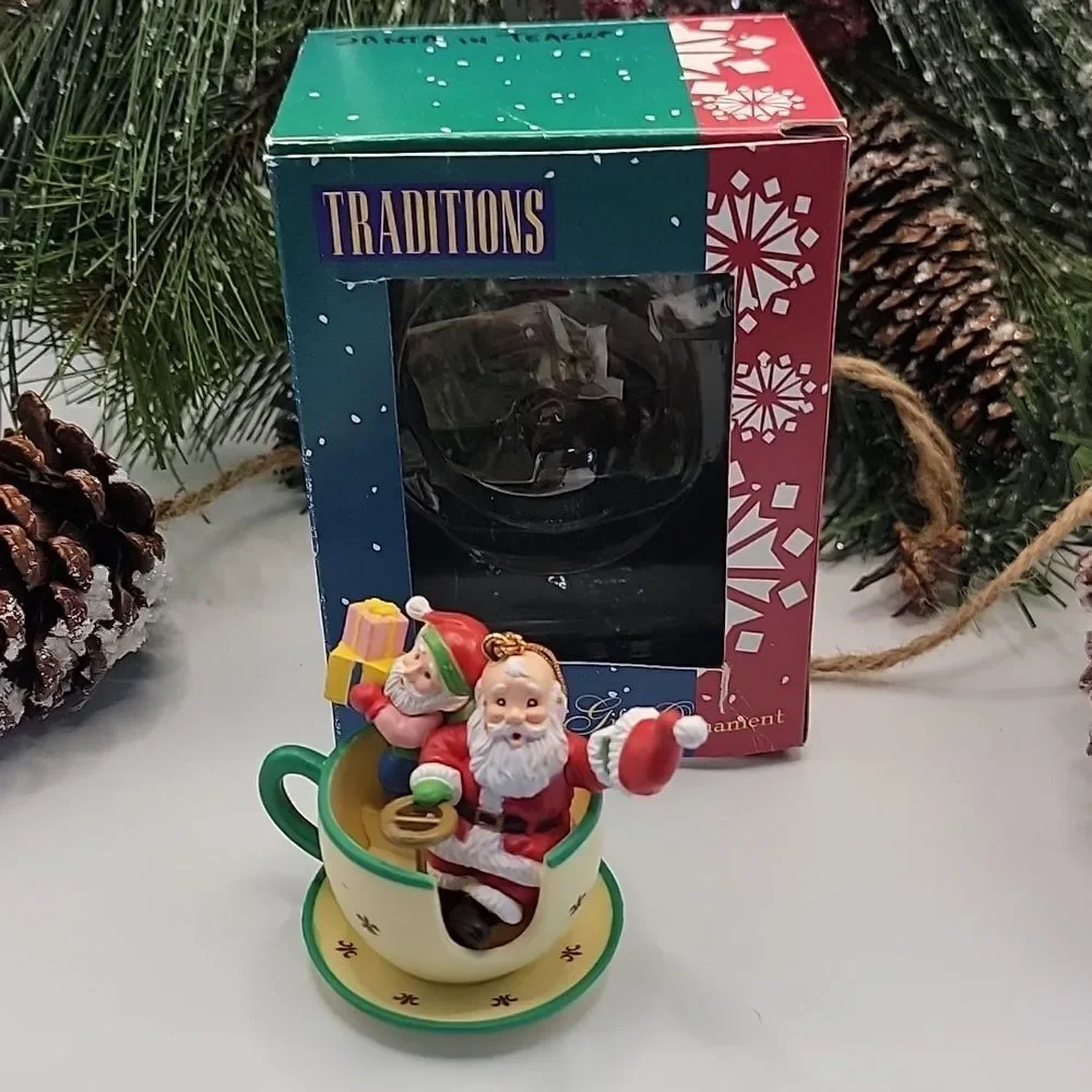 Santa and Elf Spinning Teacup Ride Ornament Traditions Vintage 90s